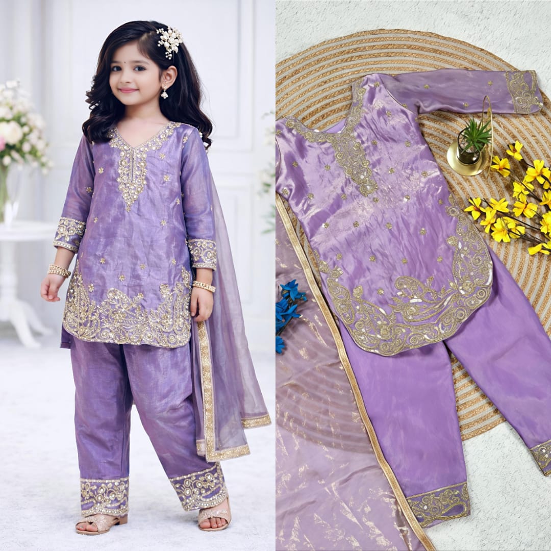 Lovender Embroidered Girls Palazzo Suit Set with Dupatta | Ethnic Wear for Girls, Girls Wedding Outfit (2-15 Years) - Vastraa
