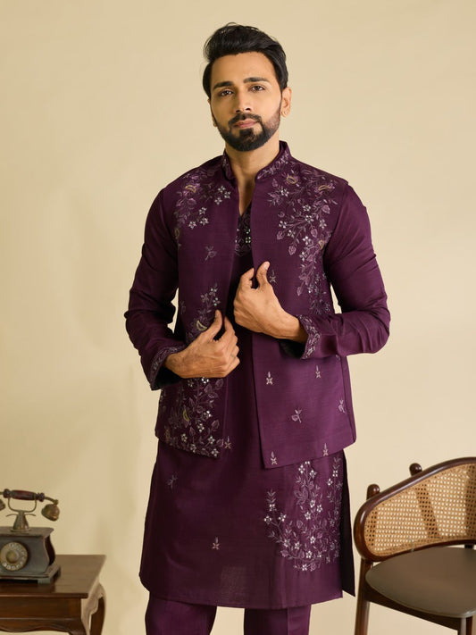 Luxurious Men's Wedding Kurta Pajama with Nehru Jacket - Vastraa