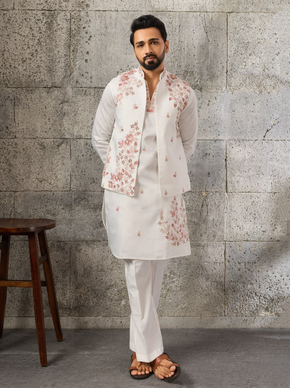 Luxurious Men's Wedding Kurta Pajama with Nehru Jacket - Vastraa