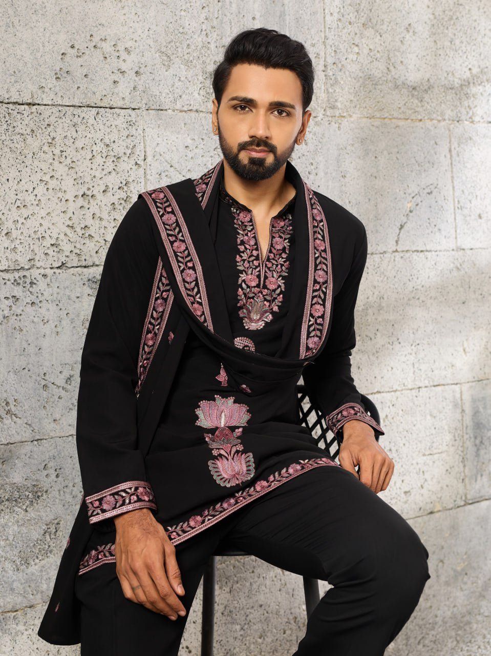 Designer Men's Wedding Kurta Pajama with Dupatta Set - Vastraa