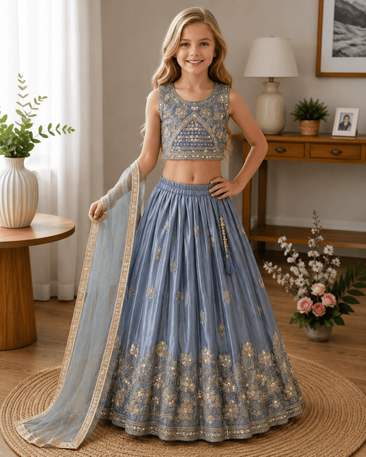 Girls Lehenga Choli Set with Net Dupatta | Kids Ethnic Wear for Wedding & Festival - Vastraa