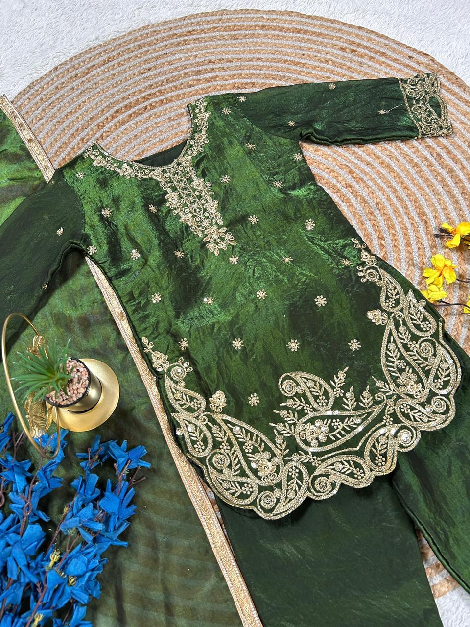 Kids Dark Green Embroidered Silk Palazzo Suit Set with Dupatta | Ethnic Wear for Girls | Girls Wedding Outfit (2-15 Years) - Vastraa