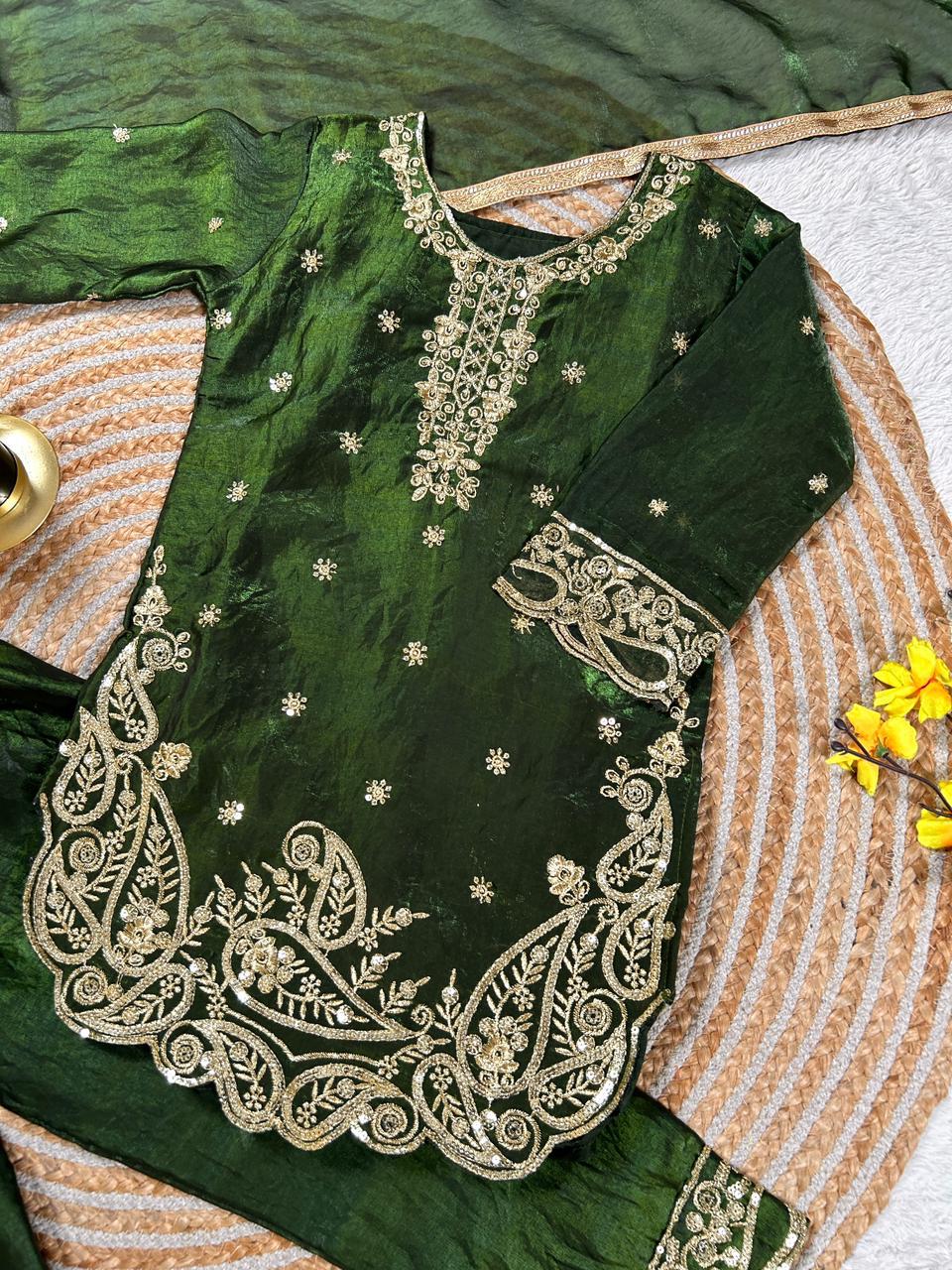 Kids Dark Green Embroidered Silk Palazzo Suit Set with Dupatta | Ethnic Wear for Girls | Girls Wedding Outfit (2-15 Years) - Vastraa