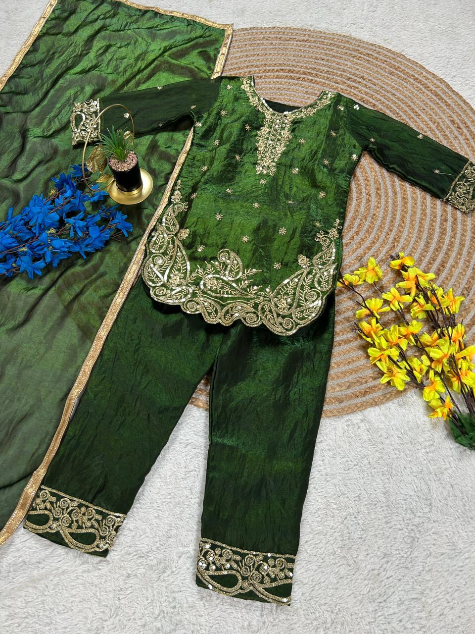 Kids Dark Green Embroidered Silk Palazzo Suit Set with Dupatta | Ethnic Wear for Girls | Girls Wedding Outfit (2-15 Years) - Vastraa
