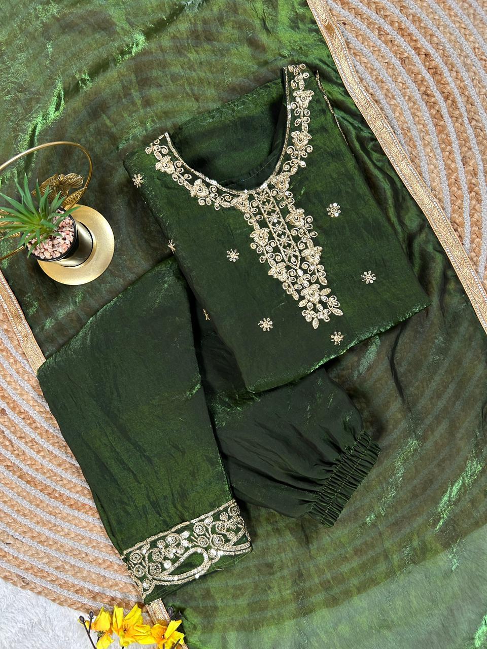Kids Dark Green Embroidered Silk Palazzo Suit Set with Dupatta | Ethnic Wear for Girls | Girls Wedding Outfit (2-15 Years) - Vastraa