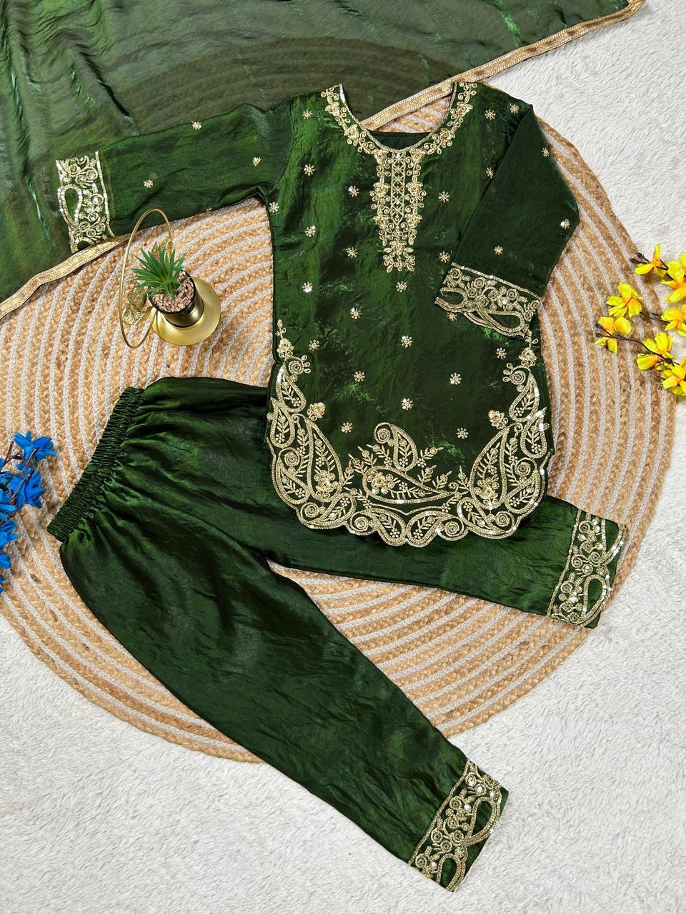 Kids Dark Green Embroidered Silk Palazzo Suit Set with Dupatta | Ethnic Wear for Girls | Girls Wedding Outfit (2-15 Years) - Vastraa