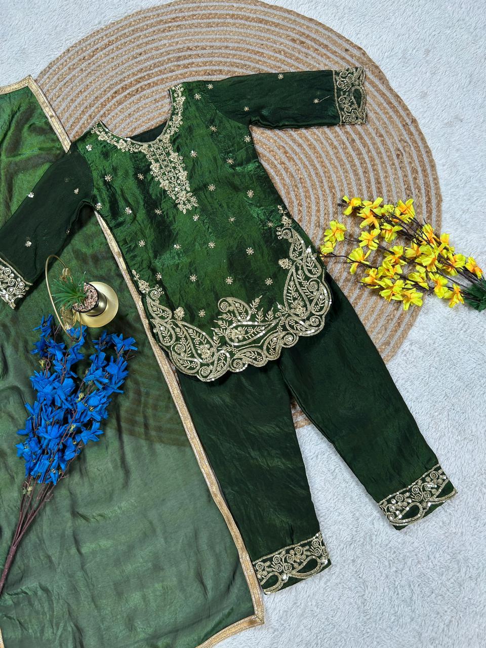 Kids Dark Green Embroidered Silk Palazzo Suit Set with Dupatta | Ethnic Wear for Girls | Girls Wedding Outfit (2-15 Years) - Vastraa