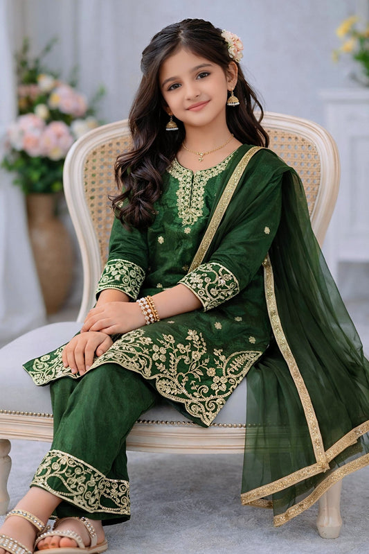 Kids Dark Green Embroidered Silk Palazzo Suit Set with Dupatta | Ethnic Wear for Girls | Girls Wedding Outfit (2-15 Years) - Vastraa