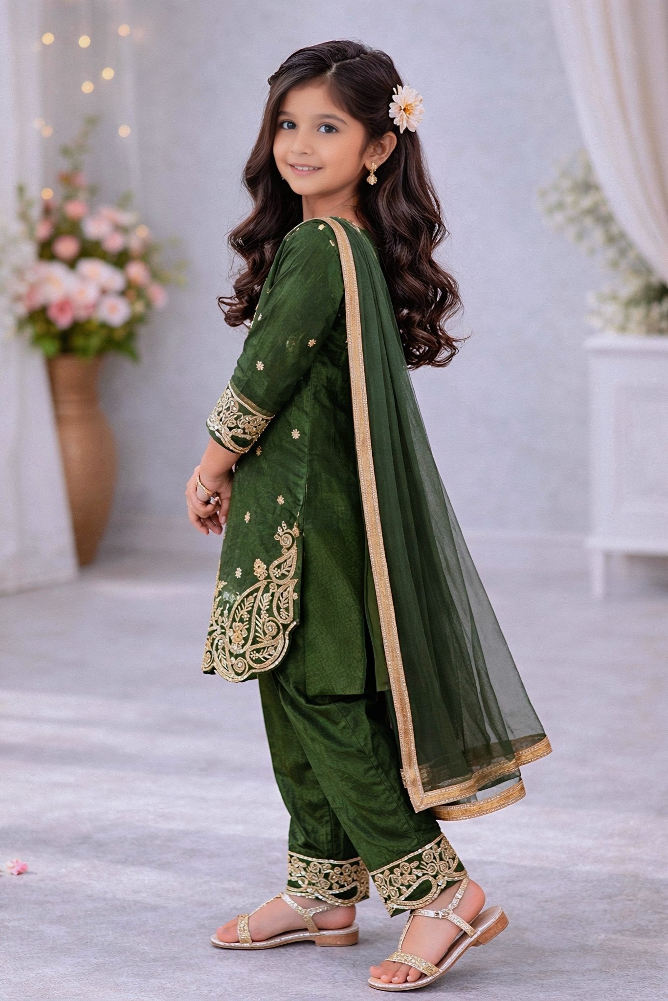 Kids Dark Green Embroidered Silk Palazzo Suit Set with Dupatta | Ethnic Wear for Girls | Girls Wedding Outfit (2-15 Years) - Vastraa