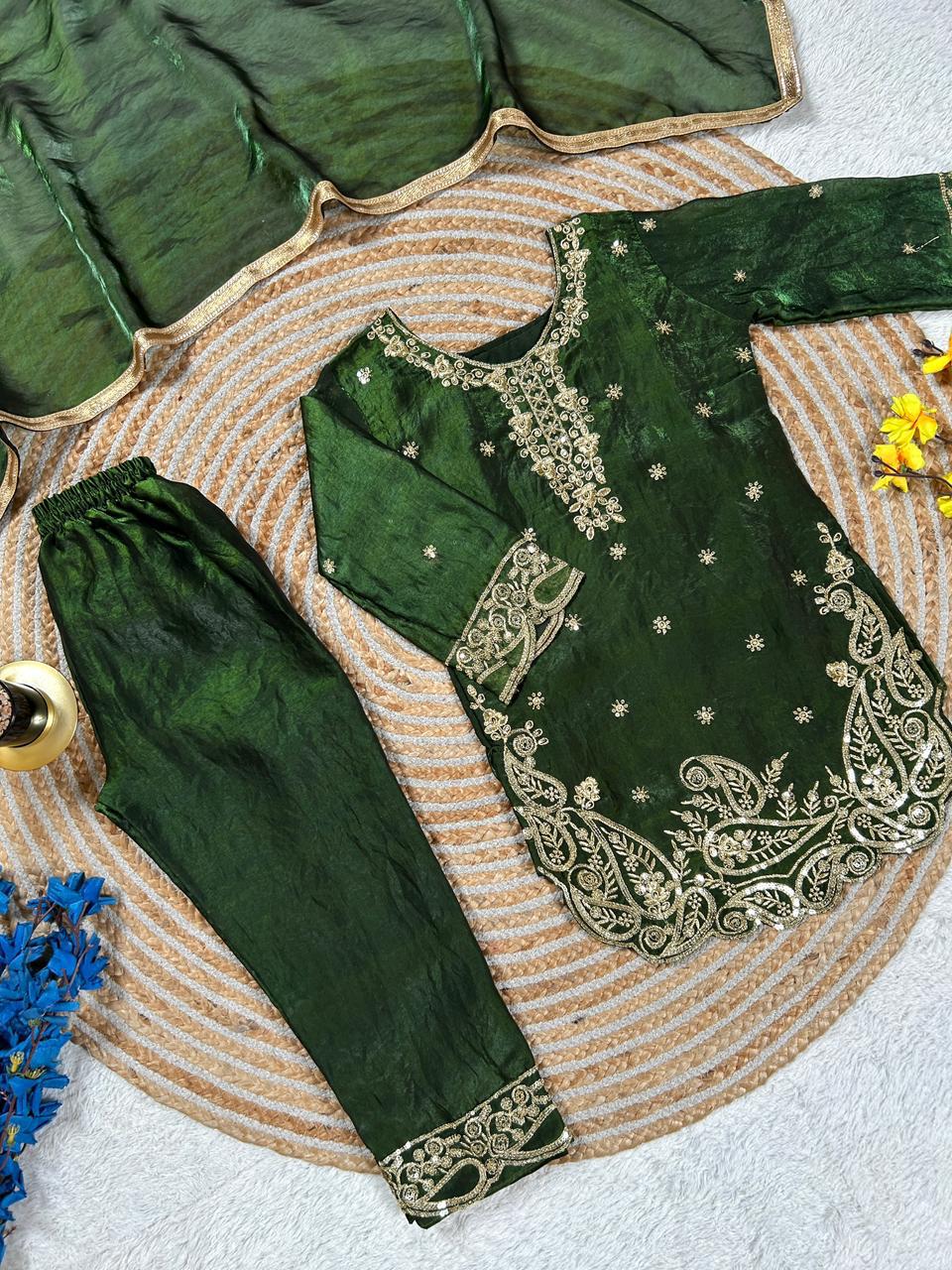 Kids Dark Green Embroidered Silk Palazzo Suit Set with Dupatta | Ethnic Wear for Girls | Girls Wedding Outfit (2-15 Years) - Vastraa