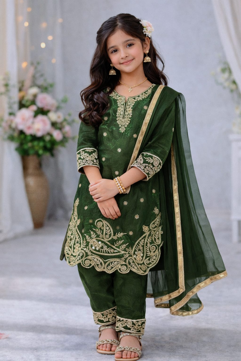 Kids Dark Green Embroidered Silk Palazzo Suit Set with Dupatta | Ethnic Wear for Girls | Girls Wedding Outfit (2-15 Years) - Vastraa