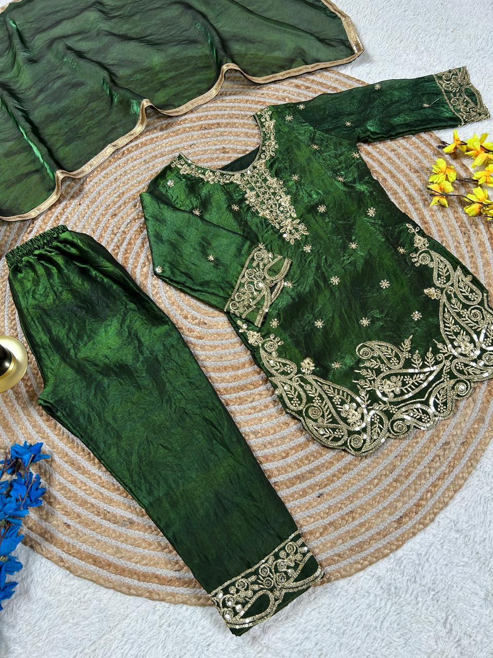 Kids Dark Green Embroidered Silk Palazzo Suit Set with Dupatta | Ethnic Wear for Girls | Girls Wedding Outfit (2-15 Years) - Vastraa
