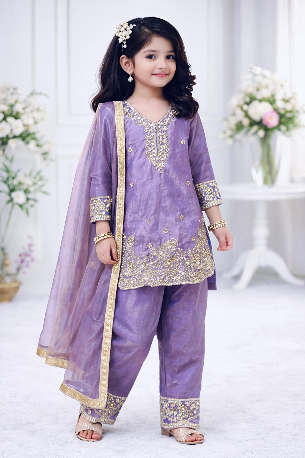 Lovender Embroidered Girls Palazzo Suit Set with Dupatta | Ethnic Wear for Girls, Girls Wedding Outfit (2-15 Years) - Vastraa