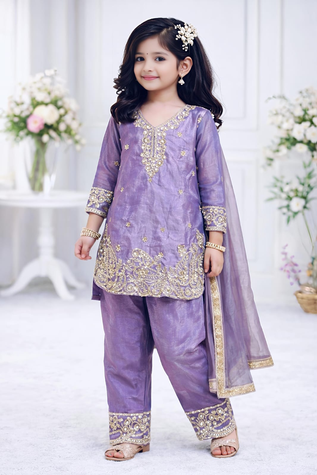 Lovender Embroidered Girls Palazzo Suit Set with Dupatta | Ethnic Wear for Girls, Girls Wedding Outfit (2-15 Years) - Vastraa
