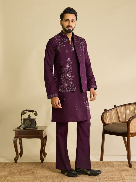 Luxurious Men's Wedding Kurta Pajama with Nehru Jacket - Vastraa