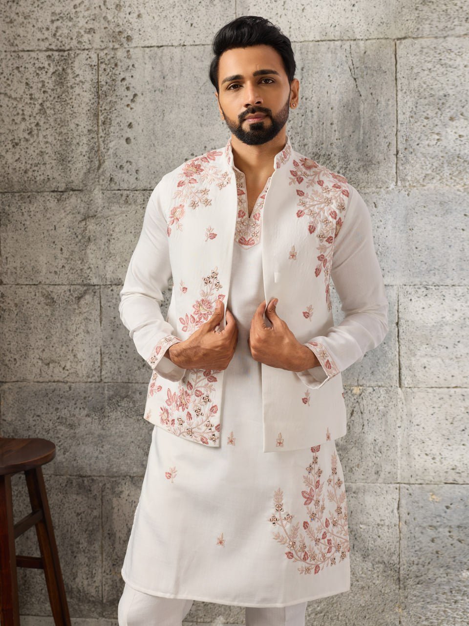 Luxurious Men's Wedding Kurta Pajama with Nehru Jacket - Vastraa