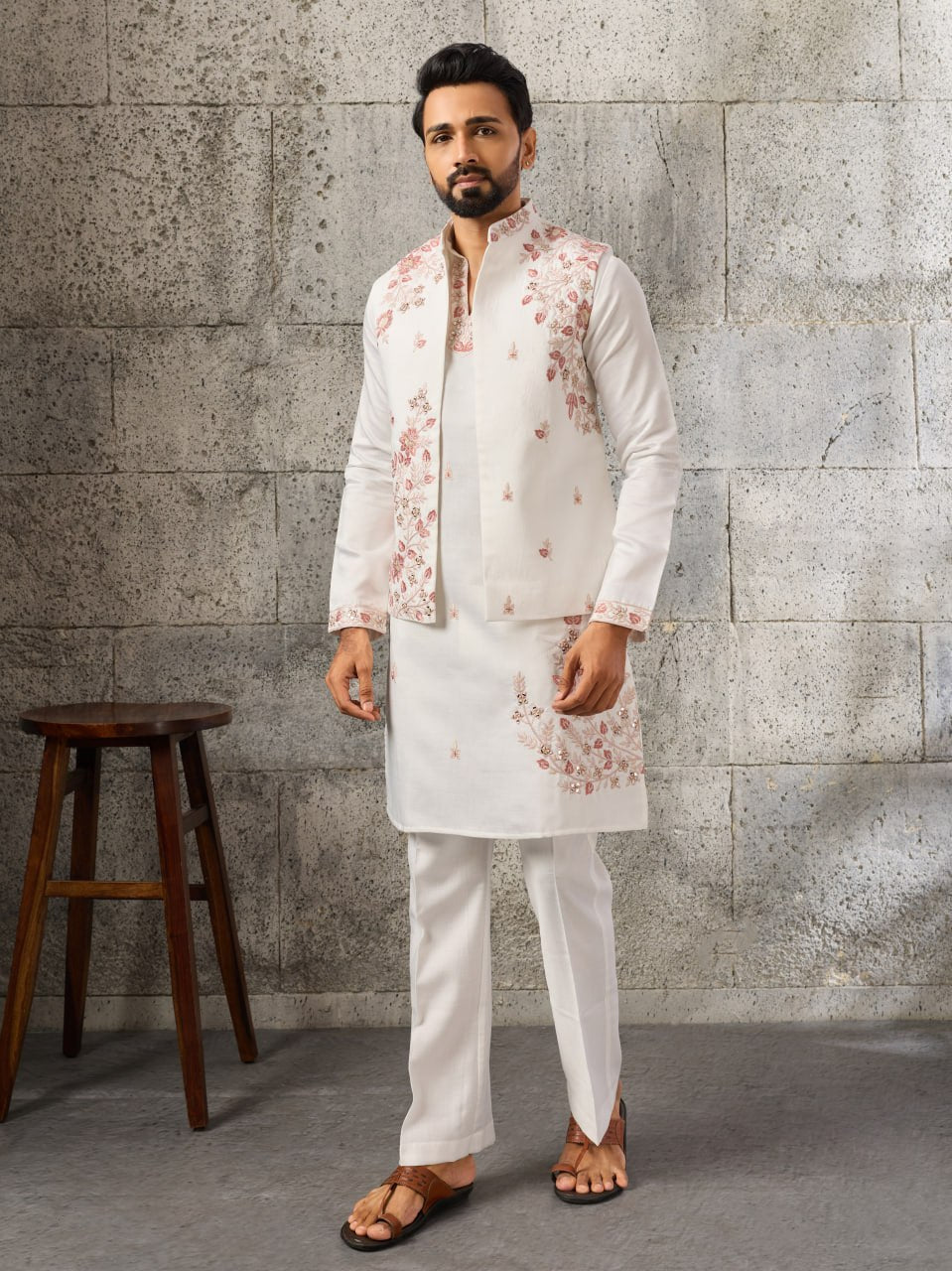 Luxurious Men's Wedding Kurta Pajama with Nehru Jacket - Vastraa
