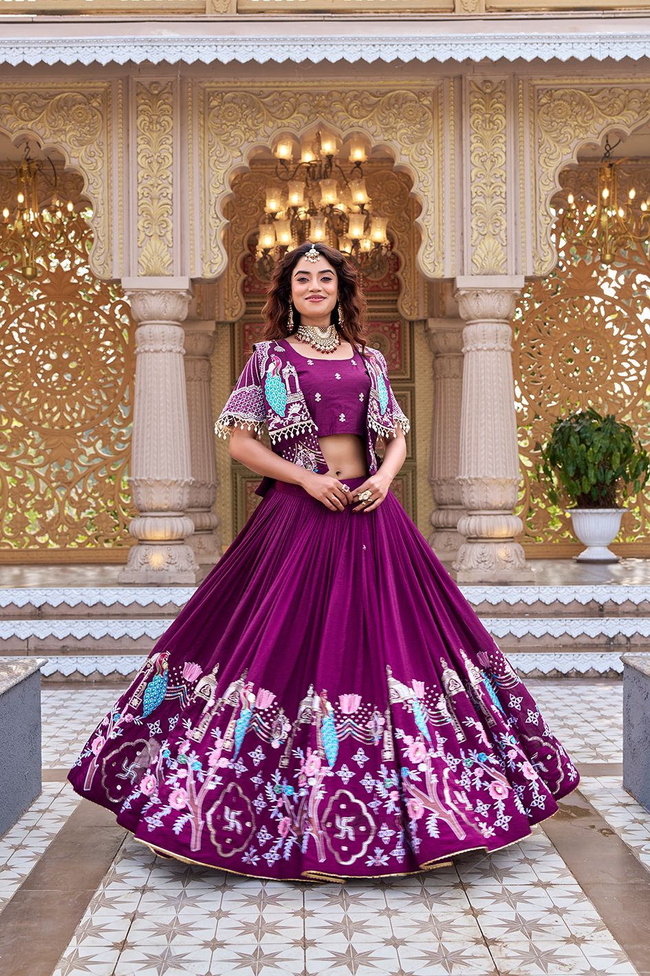 Women's Embroidered Lehenga Choli Set With Jacket - Vastraa