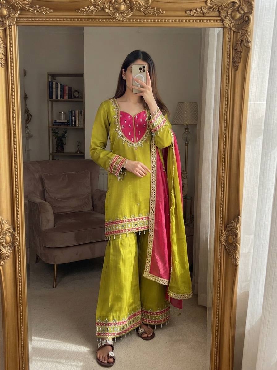 Women's Ethnic Mirror Work Kurta Set with Palazzo & Dupatta | Traditional Indian Outfit - Vastraa