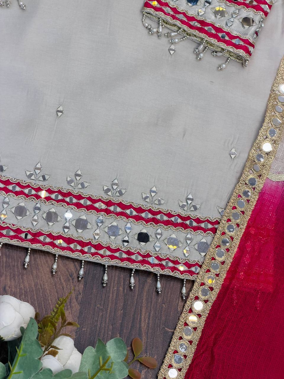 Women's Ethnic Mirror Work Kurta Set with Palazzo & Dupatta | Traditional Indian Outfit - Vastraa