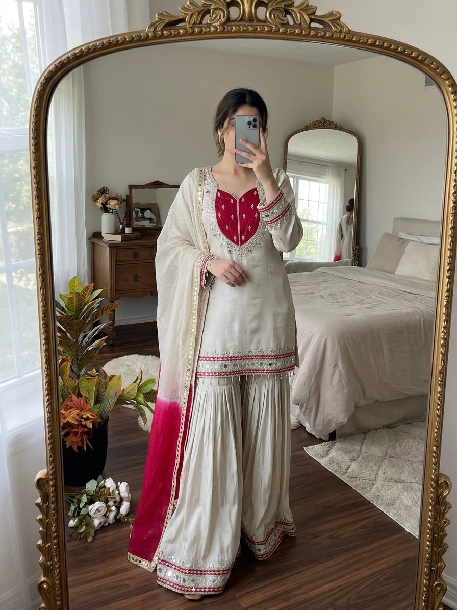 Women's Ethnic Mirror Work Kurta Set with Palazzo & Dupatta | Traditional Indian Outfit - Vastraa